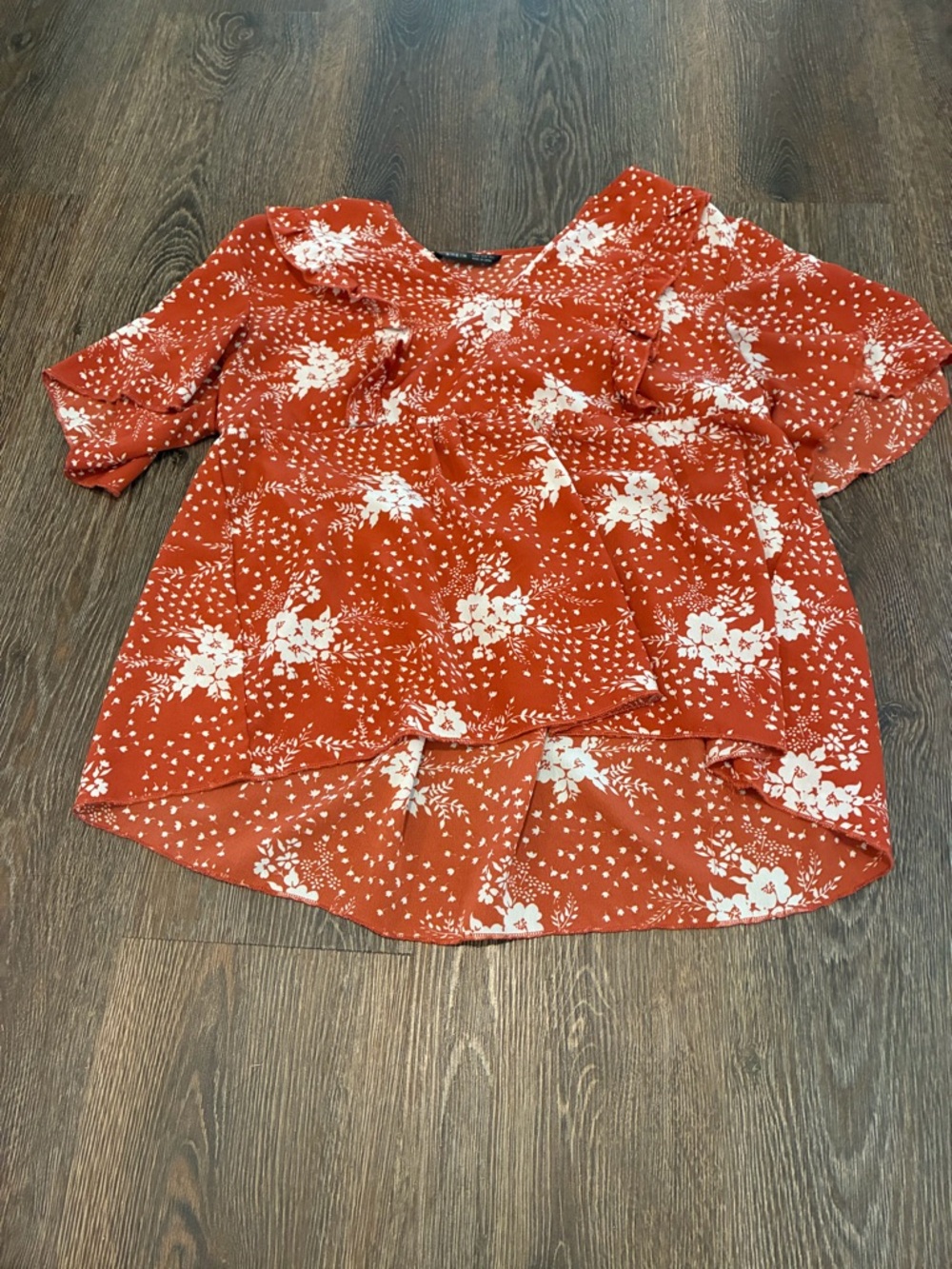 SHEIN Rust Orange Floral Ruffle Sleeve Blouse